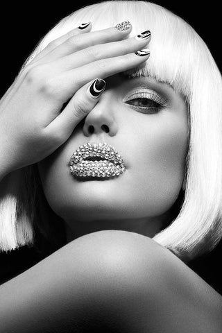 Diamond Lips BW Black Ornate Wood Framed Art Print with Double Matting by Design Fabrikken