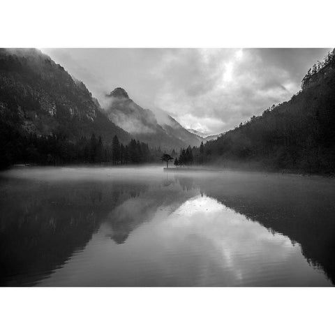 Mountain Lake White Modern Wood Framed Art Print by Design Fabrikken