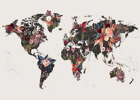 Worldmap Flowers White Modern Wood Framed Art Print with Double Matting by Design Fabrikken