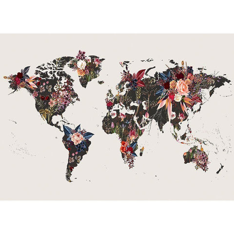 Worldmap Flowers Black Modern Wood Framed Art Print with Double Matting by Design Fabrikken