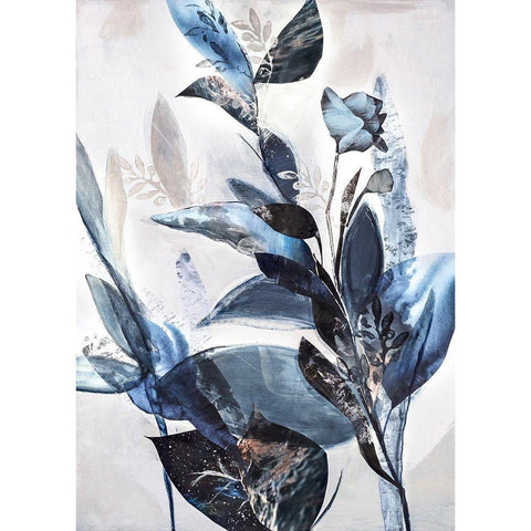 Blue Leaves Black Modern Wood Framed Art Print with Double Matting by Design Fabrikken