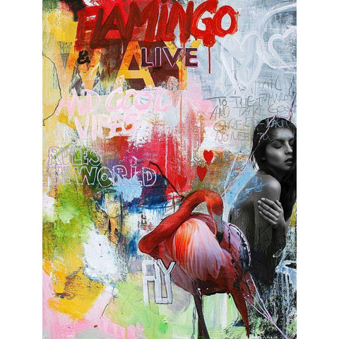 Flamingo White Modern Wood Framed Art Print by Design Fabrikken