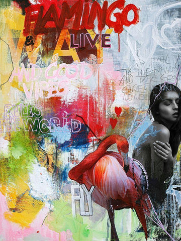 Flamingo White Modern Wood Framed Art Print with Double Matting by Design Fabrikken