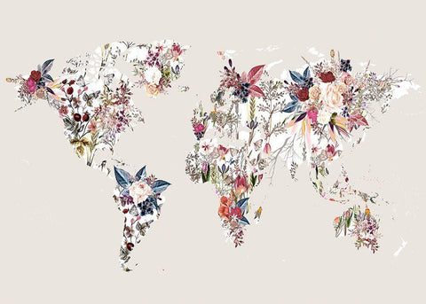 Worldmap Flowers (Light) Black Ornate Wood Framed Art Print with Double Matting by Design Fabrikken