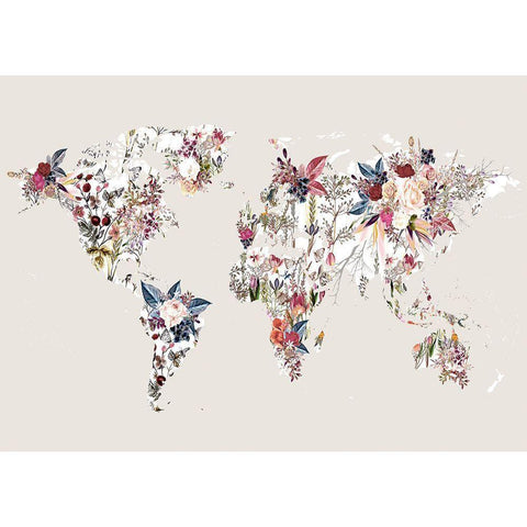 Worldmap Flowers (Light) White Modern Wood Framed Art Print by Design Fabrikken