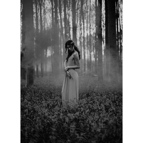 Girl in the Woods White Modern Wood Framed Art Print by Design Fabrikken