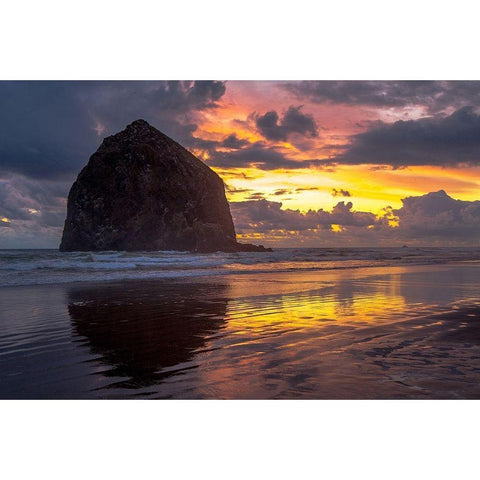 Cannon Beach Sunset Black Modern Wood Framed Art Print with Double Matting by Oldford, Tim