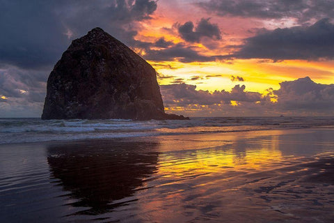 Cannon Beach Sunset White Modern Wood Framed Art Print with Double Matting by Oldford, Tim