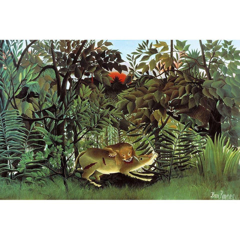 The Hungry Lion White Modern Wood Framed Art Print by Rousseau, Henri