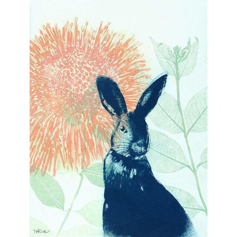 Pink Waratah and Blue Rabbit Gold Ornate Wood Framed Art Print with Double Matting by Rice, Trudy