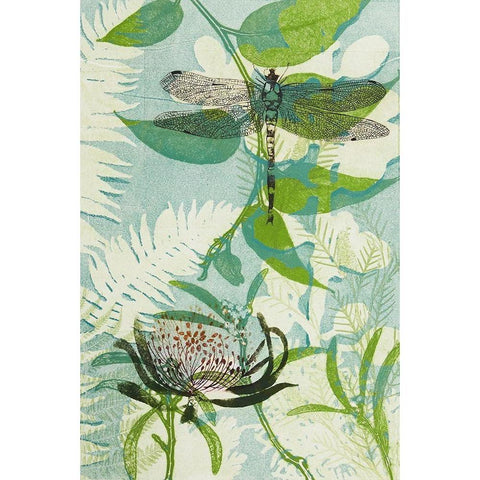 The Elusive Dragonfly and Waratah Gold Ornate Wood Framed Art Print with Double Matting by Rice, Trudy