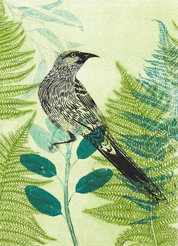 Wattlebird Hiding in the Fernery Black Ornate Wood Framed Art Print with Double Matting by Rice, Trudy