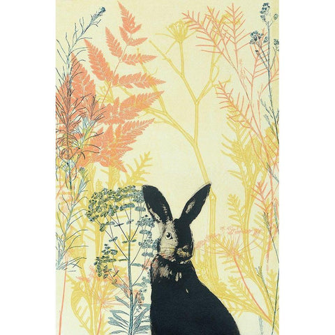 Wild Bunny in a Shiny Coral Garden White Modern Wood Framed Art Print by Rice, Trudy