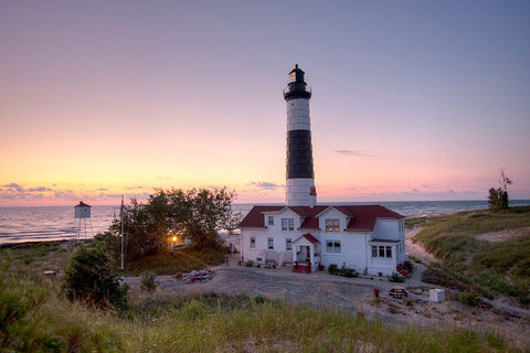 Big Sable Point Lighthouse At Sunset White Modern Wood Framed Art Print with Double Matting by Romanowicz, Adam