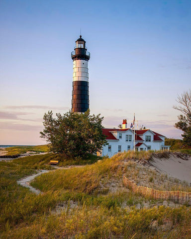 Historic Big Sable Point Light Black Ornate Wood Framed Art Print with Double Matting by Romanowicz, Adam