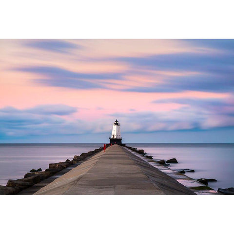Ludington North Breakwater Light Sunrise White Modern Wood Framed Art Print by Romanowicz, Adam