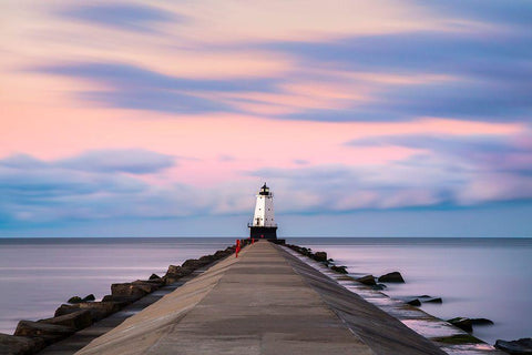 Ludington North Breakwater Light Sunrise White Modern Wood Framed Art Print with Double Matting by Romanowicz, Adam