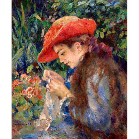 Marie-ThÃ©rÃ¨se Durand-Ruel Sewing-1882 Gold Ornate Wood Framed Art Print with Double Matting by Renoir, Pierre-Auguste