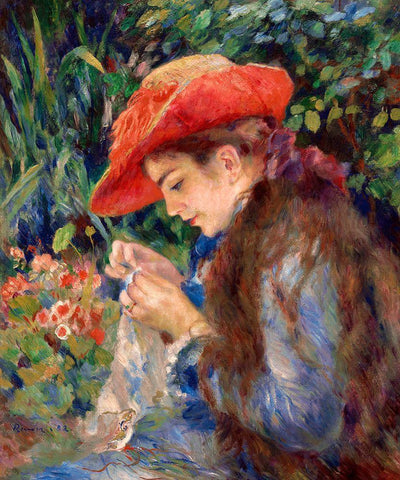 Marie-ThÃ©rÃ¨se Durand-Ruel Sewing-1882 White Modern Wood Framed Art Print with Double Matting by Renoir, Pierre-Auguste