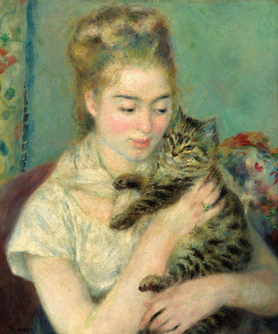 Woman with Cat (Femme au chat)-1875 Black Ornate Wood Framed Art Print with Double Matting by Renoir, Pierre-Auguste