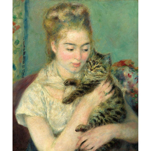 Woman with Cat (Femme au chat)-1875 Black Modern Wood Framed Art Print with Double Matting by Renoir, Pierre-Auguste