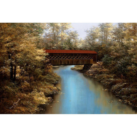Covered Bridge Gold Ornate Wood Framed Art Print with Double Matting by Romanello, Diane
