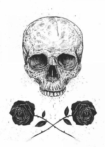 Skull N Roses White Modern Wood Framed Art Print with Double Matting by Solti, Balazs