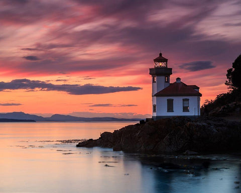 Orange Sunset at Lime Kiln Lighthouse Black Ornate Wood Framed Art Print with Double Matting by Severn, Shawn/Corinne