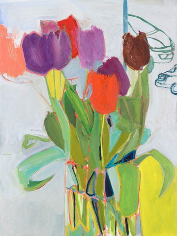 Tulips and Two Cars White Modern Wood Framed Art Print with Double Matting by Singerman, Jessica