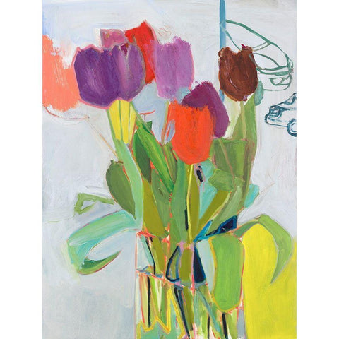 Tulips and Two Cars White Modern Wood Framed Art Print by Singerman, Jessica