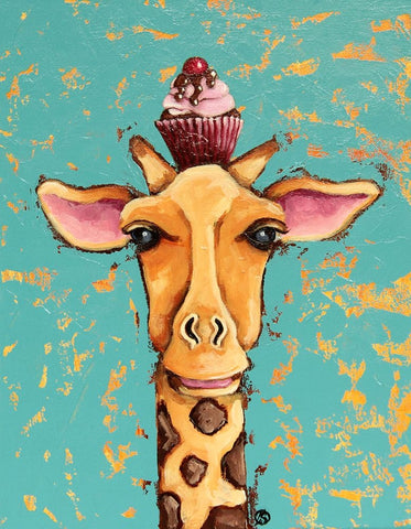 Giraffe With Cherry on Top White Modern Wood Framed Art Print with Double Matting by Stewart, Lucia