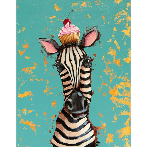 Zebra With Cherry Cupcake White Modern Wood Framed Art Print by Stewart, Lucia