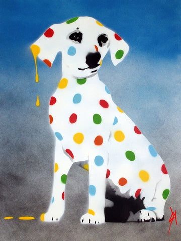 Damiens Dotty Spotty Dawg - Blue Black Ornate Wood Framed Art Print with Double Matting by Sly, Juan