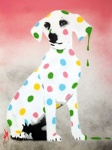 Damiens Dotty Spotty Dawg - Pink White Modern Wood Framed Art Print with Double Matting by Sly, Juan