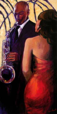 Sax Seduction Black Ornate Wood Framed Art Print with Double Matting by Stewart, Monica