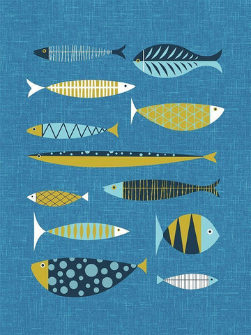 Scandia Fish Blue Black Ornate Wood Framed Art Print with Double Matting by Theodore, James