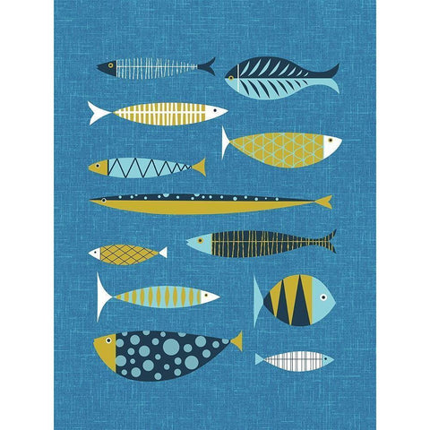 Scandia Fish Blue Gold Ornate Wood Framed Art Print with Double Matting by Theodore, James