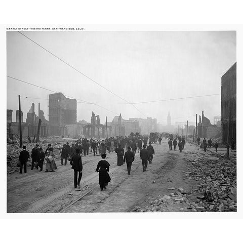 Market Street Post Earthquake White Modern Wood Framed Art Print by Unknown