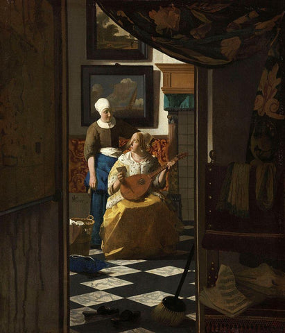 The Love Letter Black Ornate Wood Framed Art Print with Double Matting by Vermeer, Johannes