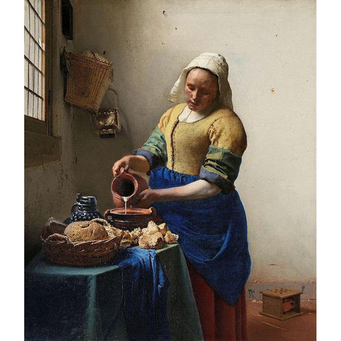 The Milkmaid Gold Ornate Wood Framed Art Print with Double Matting by Vermeer, Johannes