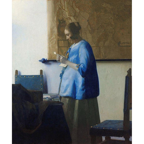 Woman Reading a Letter Black Modern Wood Framed Art Print with Double Matting by Vermeer, Johannes