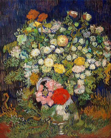 Bouquet of Flowers in a Vase, 1890 Black Ornate Wood Framed Art Print with Double Matting by Van Gogh, Vincent