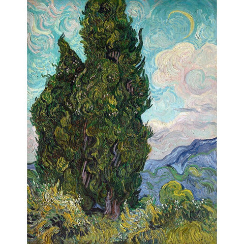 Cypresses, 1889 Gold Ornate Wood Framed Art Print with Double Matting by Van Gogh, Vincent