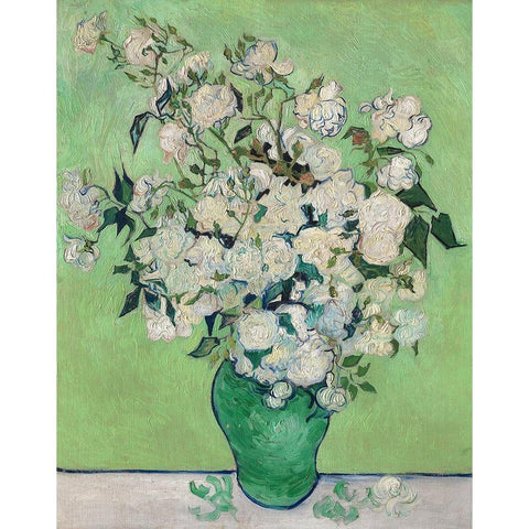 Roses, 1890 (Green Vase) White Modern Wood Framed Art Print by Van Gogh, Vincent