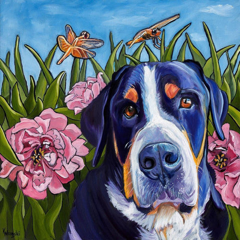 Dog and Dragonflies Black Modern Wood Framed Art Print with Double Matting by Wronski, Kathryn