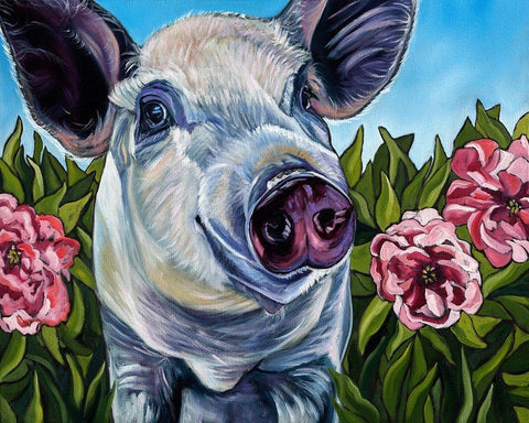 Pigs and Peonies White Modern Wood Framed Art Print with Double Matting by Wronski, Kathryn