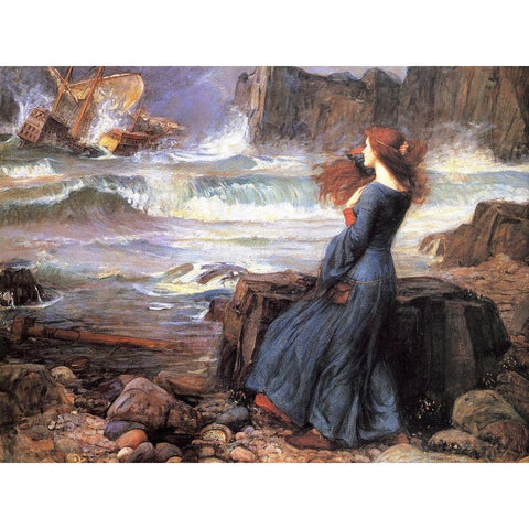 Miranda the Tempest White Modern Wood Framed Art Print by Waterhouse, John William