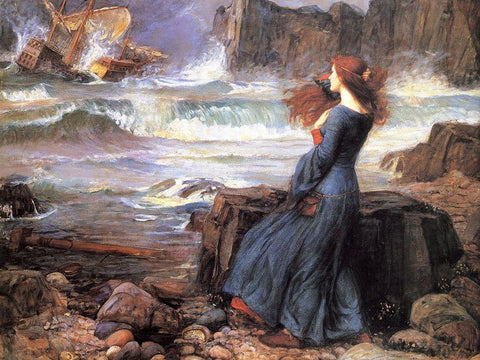 Miranda the Tempest White Modern Wood Framed Art Print with Double Matting by Waterhouse, John William