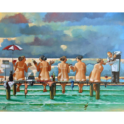 Friends On The Jetty White Modern Wood Framed Art Print by West, Ronald