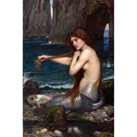 A Mermaid Gold Ornate Wood Framed Art Print with Double Matting by Waterhouse, John William